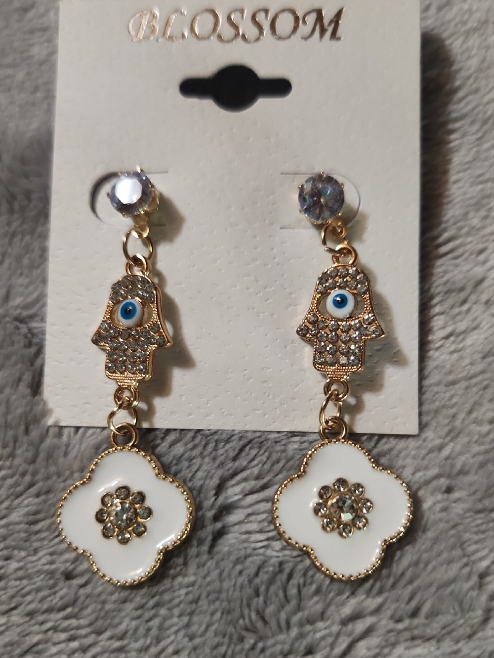Gold  Drop Earrings with White Enamel